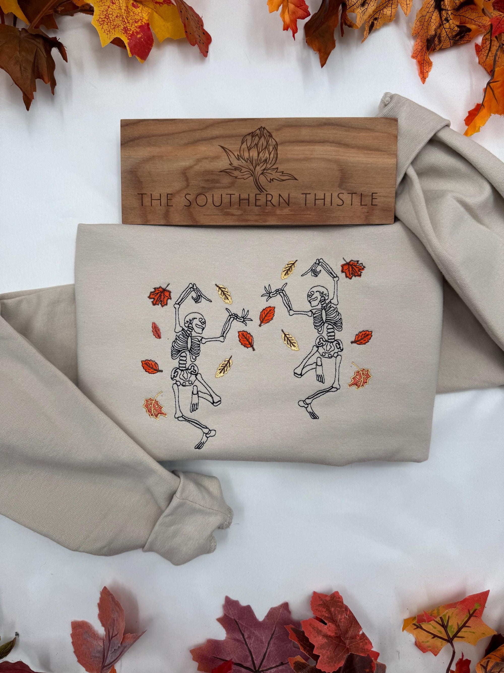 Dancing Skeletons Fall Embroidered Sweatshirt β Autumn Leaves & Bones Vibe