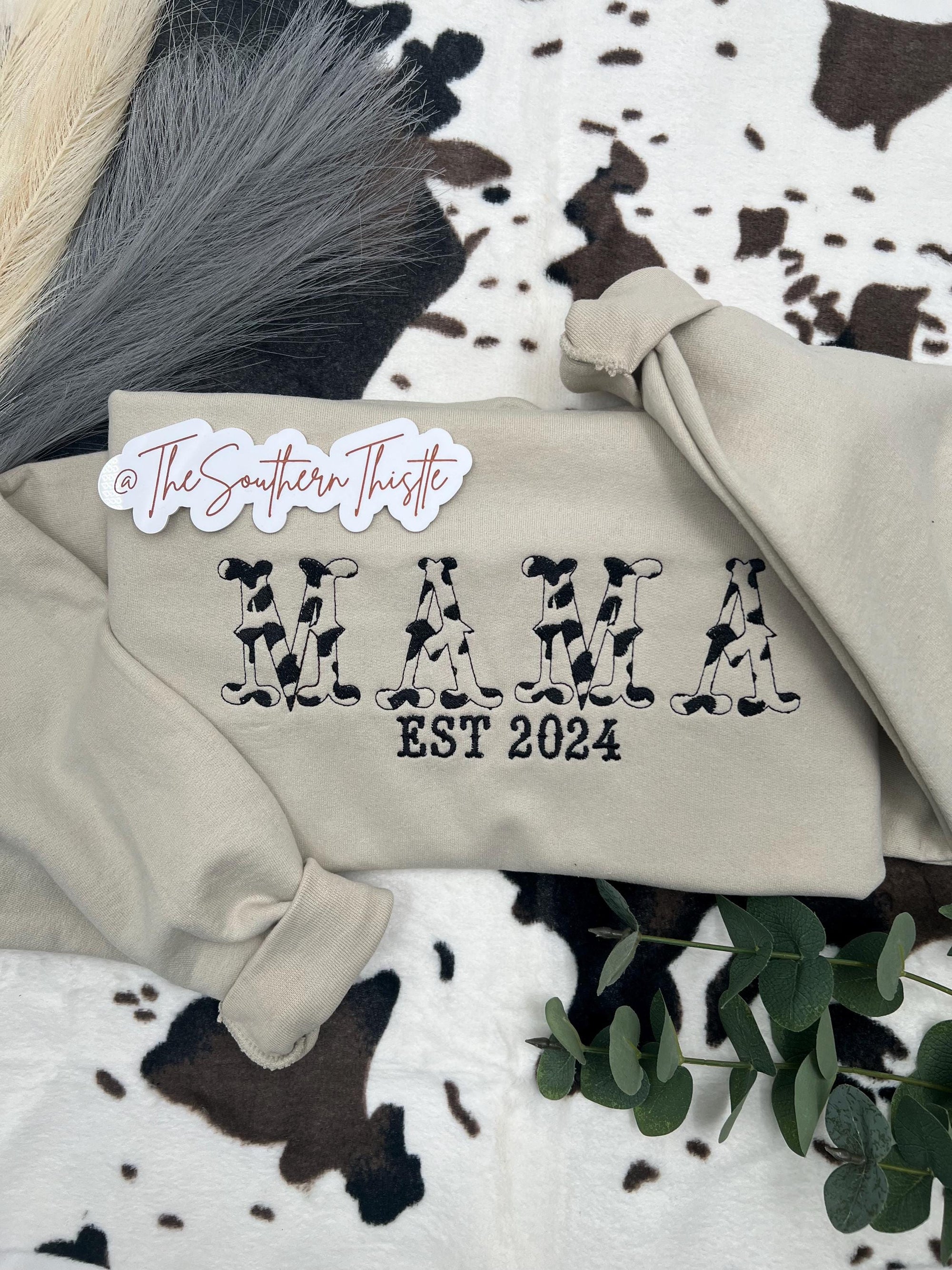 Cowprint MAMA Est. Year Embroidered Sweatshirt β Western Comfort Colors Crewneck for Moms