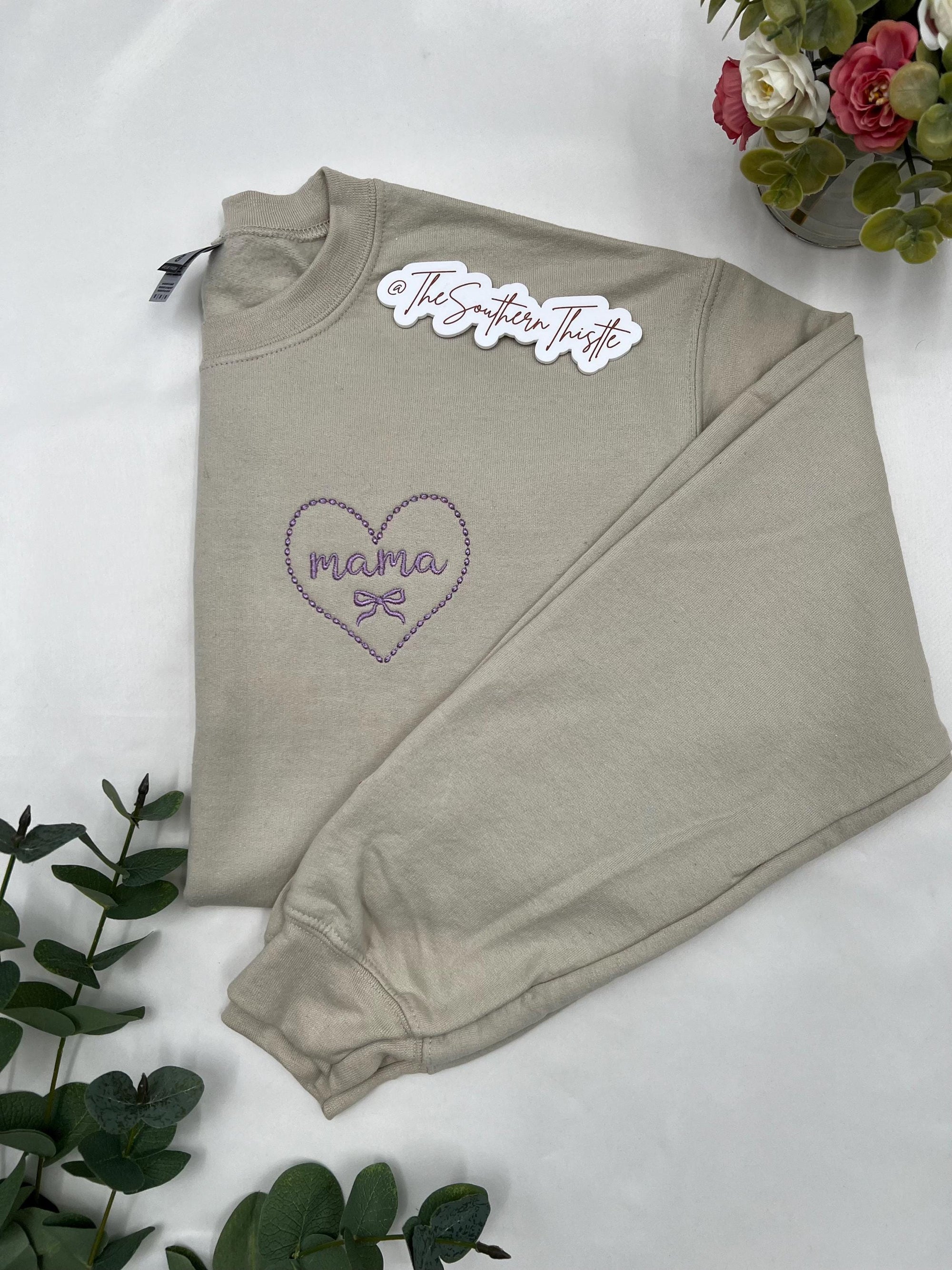 Custom Mama Heart Embroidered Sweatshirt โ Minimal Script on Neutral Crewneck