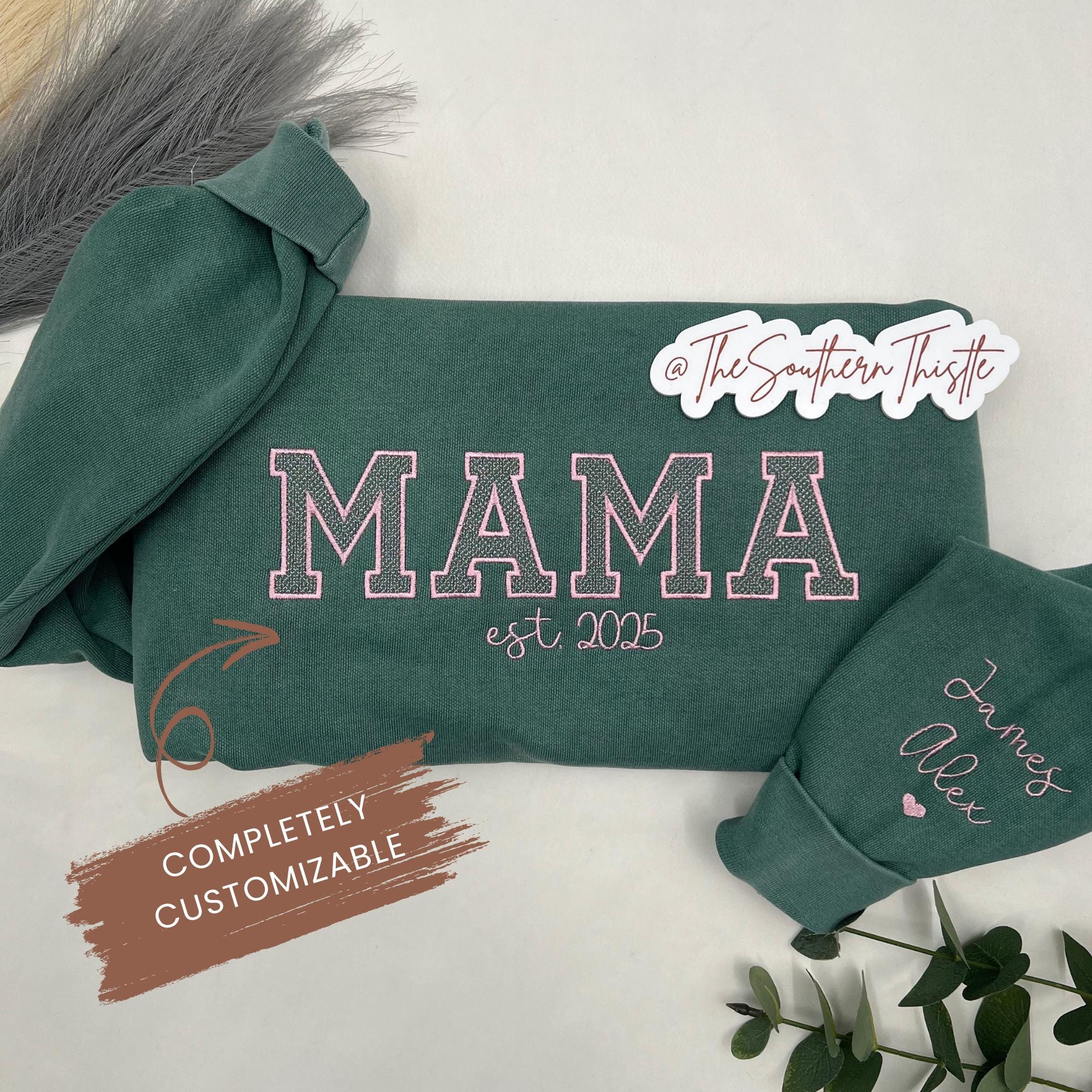 Custom MAMA Est. Year Embroidered Sweatshirt β Personalized Crewneck with Sleeve Name