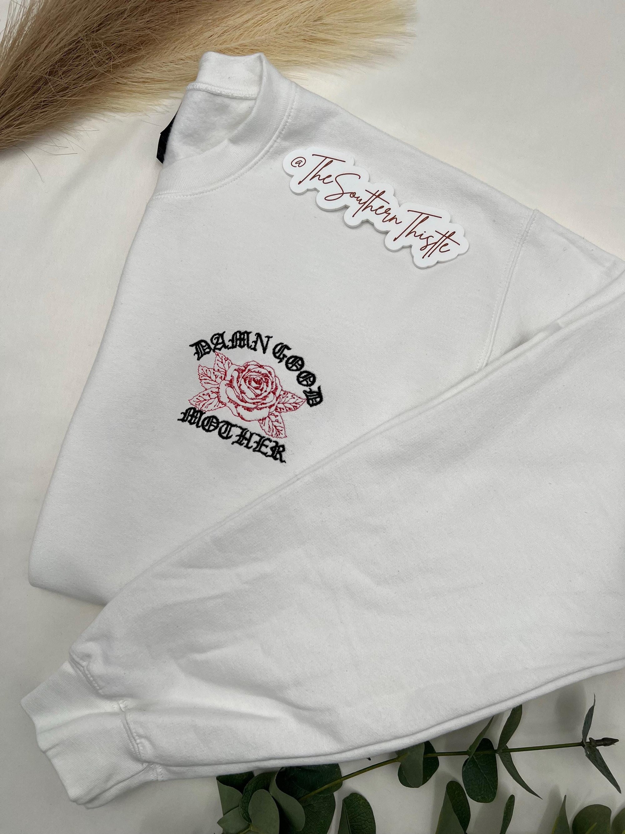 Damn Good Mother Embroidered Sweatshirt β Bold Floral Statement Crewneck for Moms