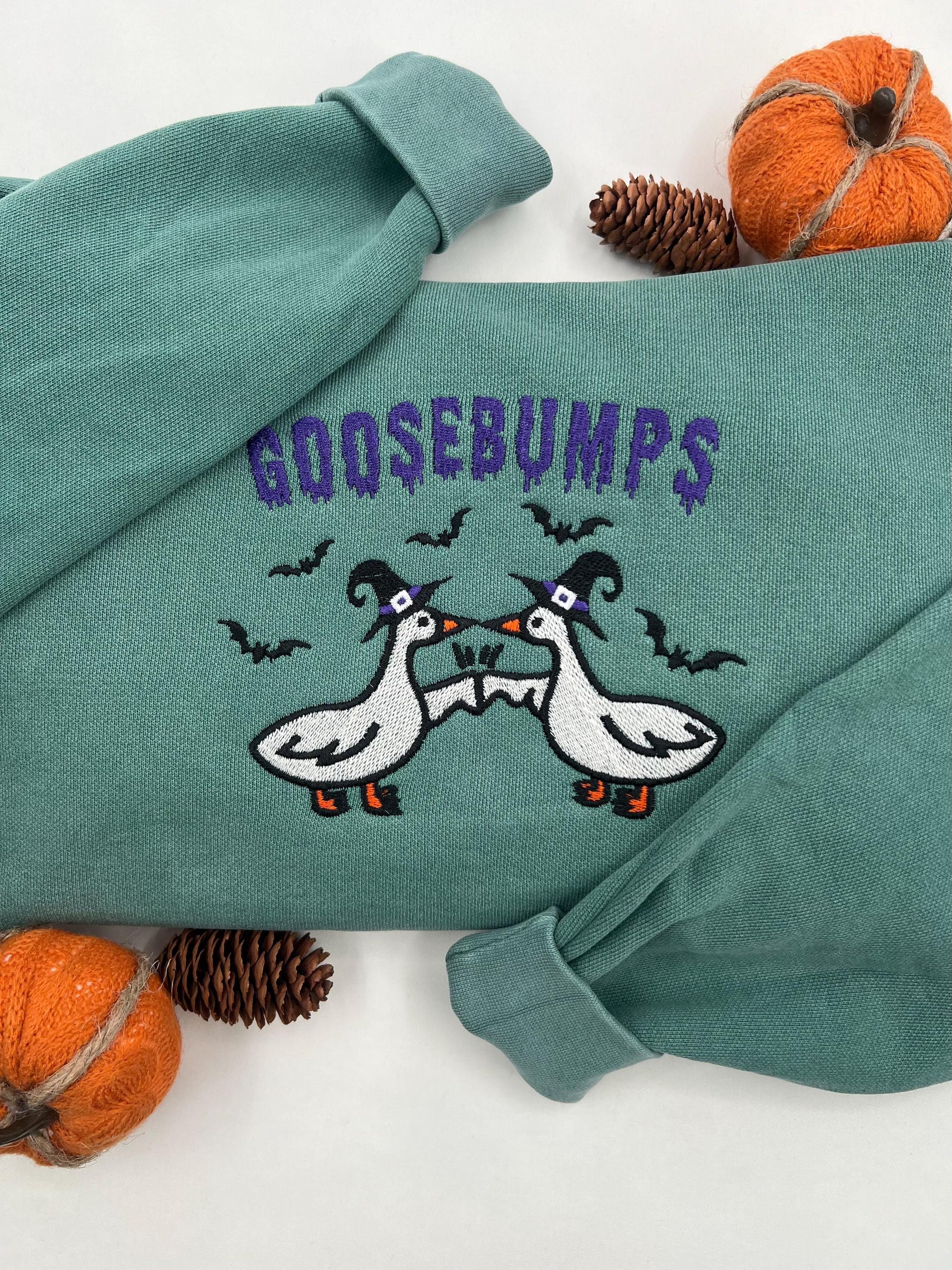 Goosebumps Halloween Sweatshirt – Embroidered Goose with Witch Hats and Bats Pullover