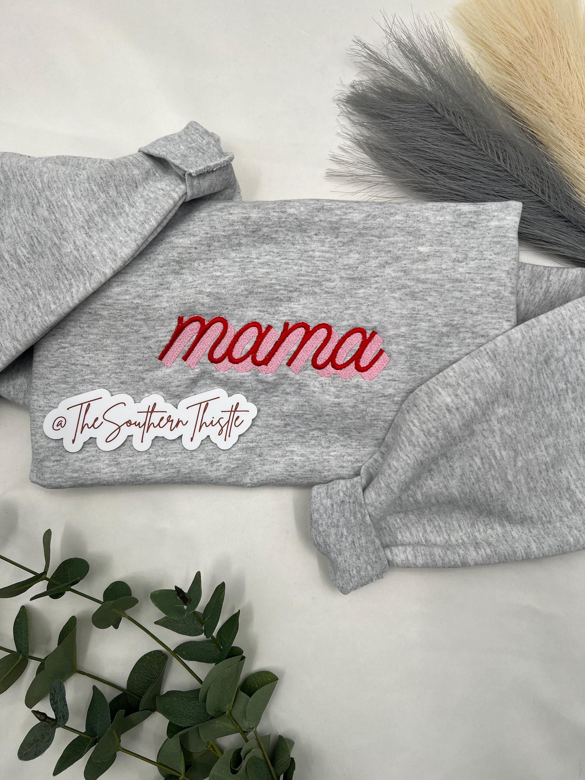 Bold Red Script Mama Embroidered Sweatshirt