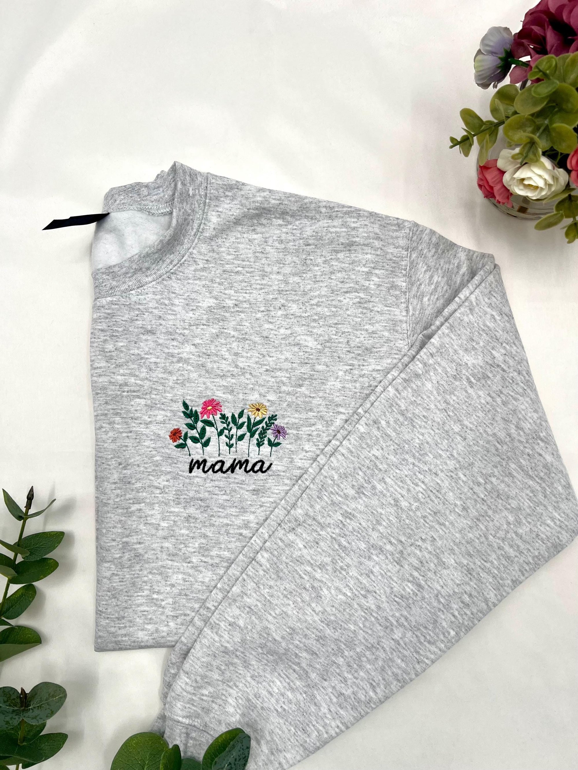 Floral Mama Embroidered Sweatshirt β Soft Script Crewneck with Colorful Flowers