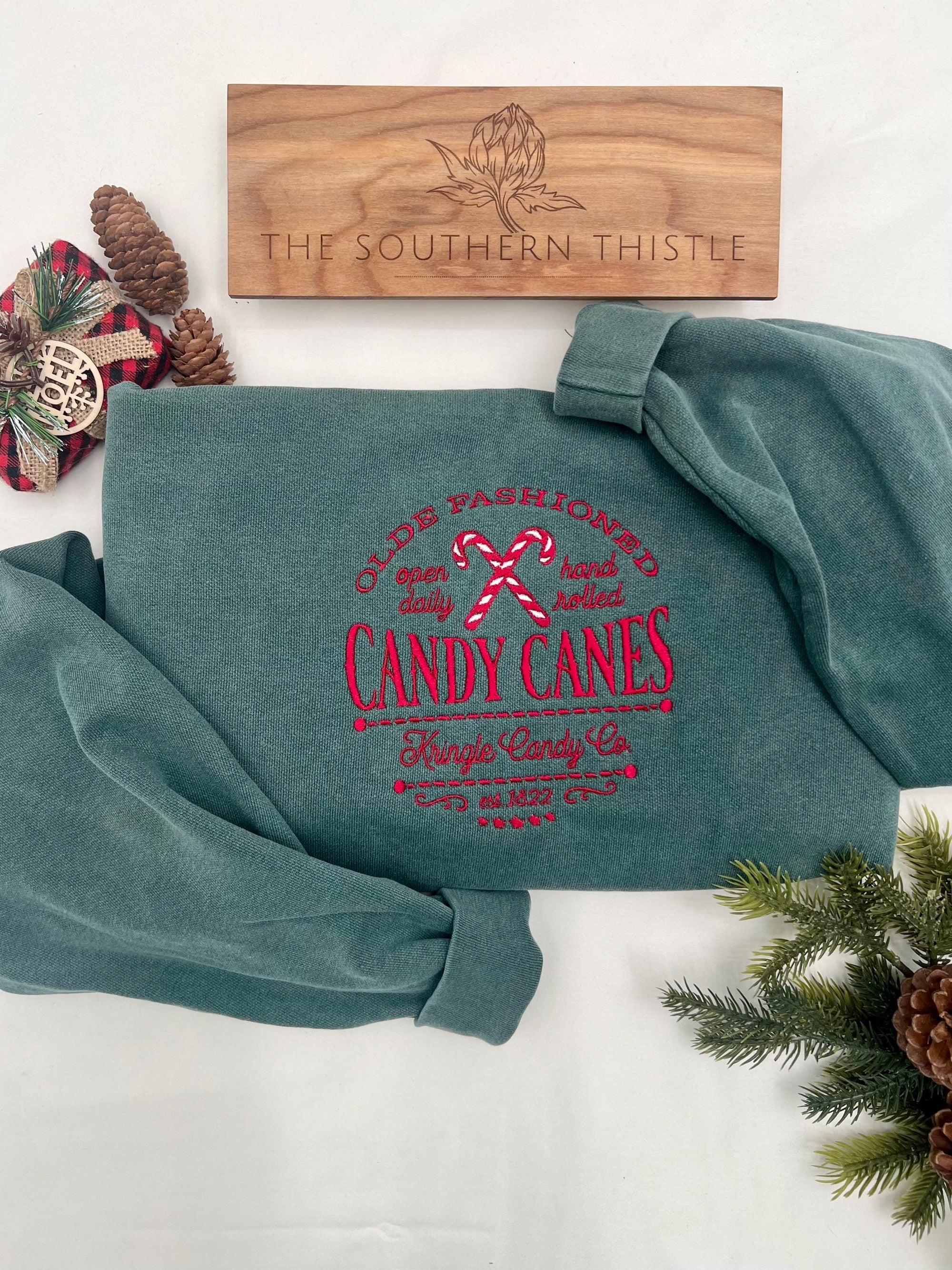 Embroidered Candy Cane Sweatshirt - Christmas Gift - Cute Holiday Crewneck - Winter Fashion - Retro Christmas Apparel - Holiday Sweater