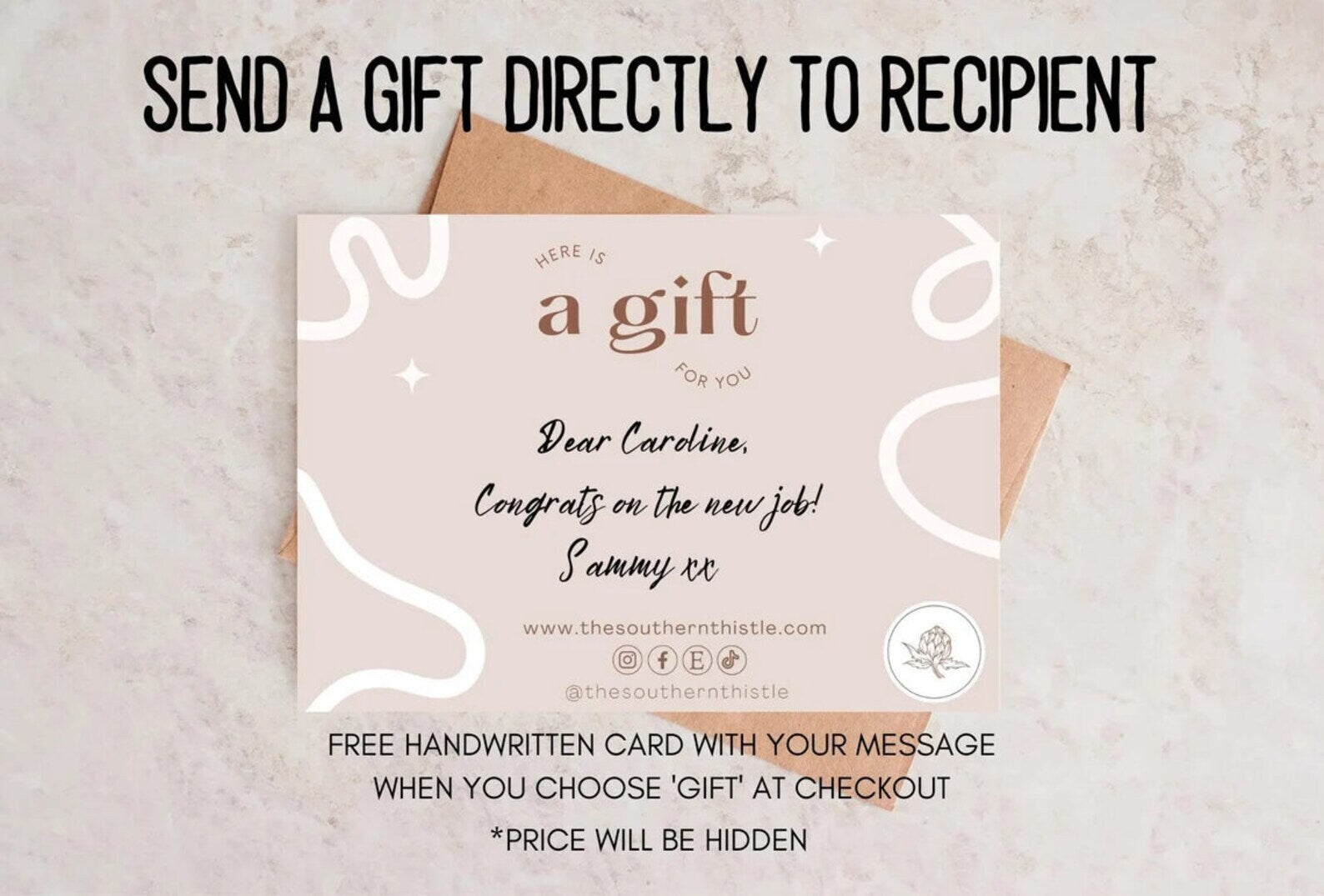 a gift card with the words, send a gift directly to recipient