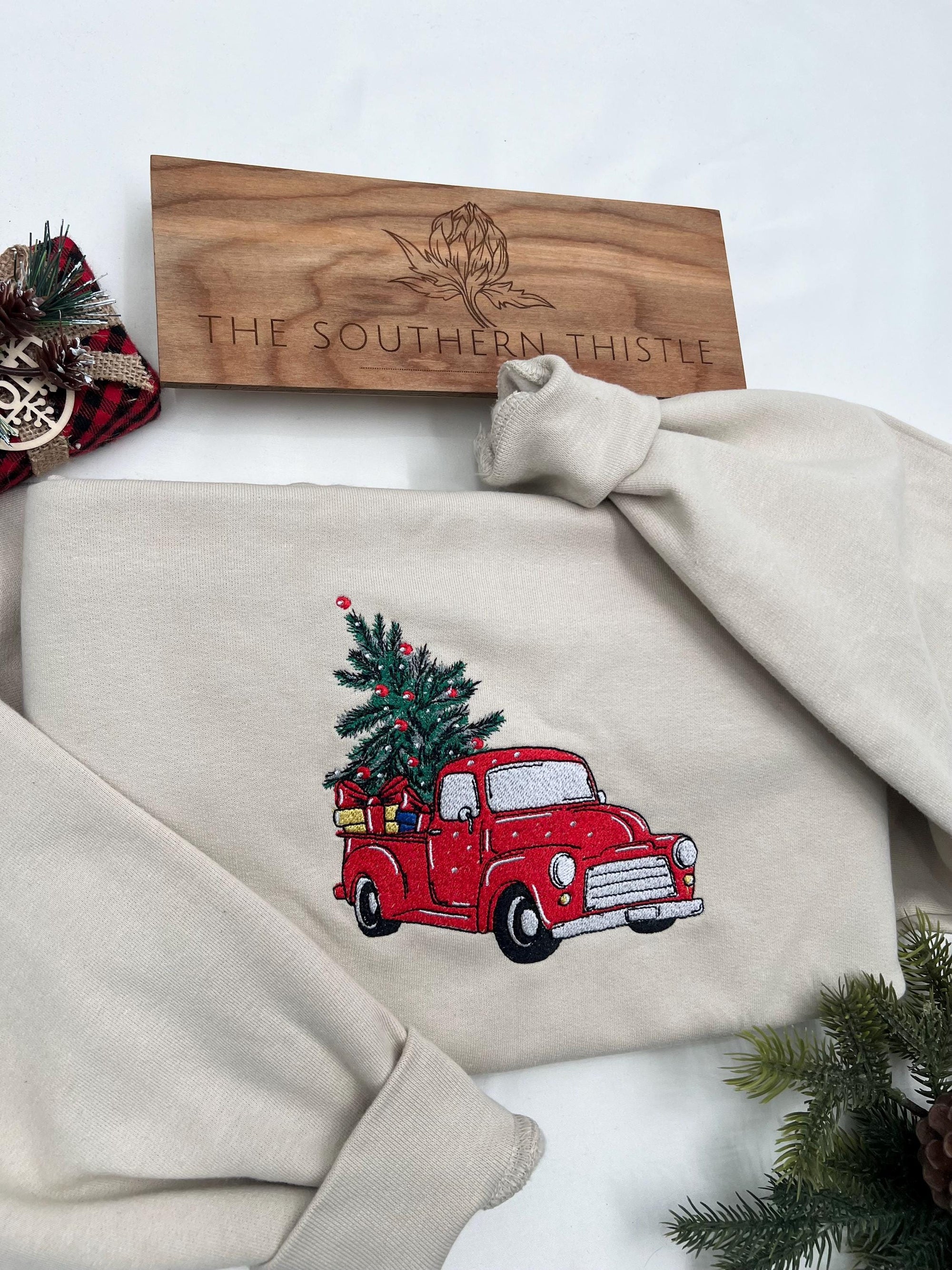 Embroidered Christmas Truck Sweatshirt - Custom Cozy Sweater Gift for Her