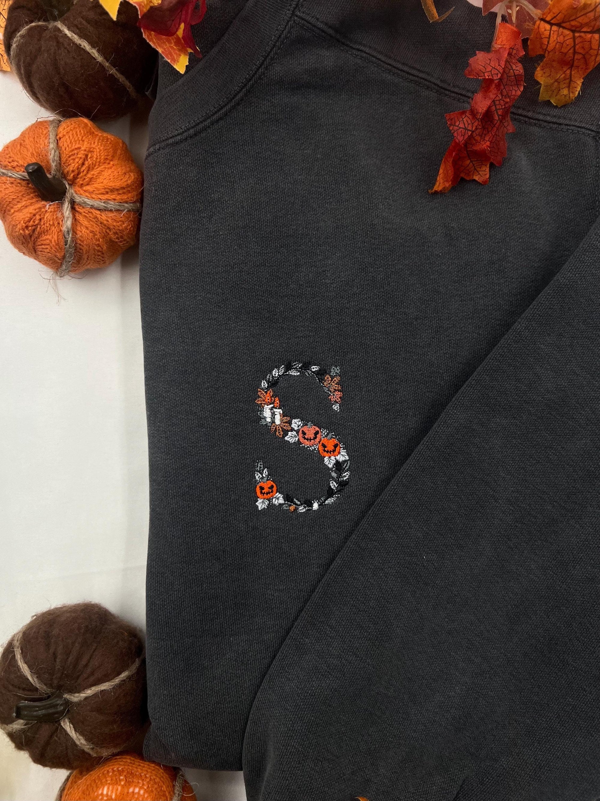 Halloween Floral Initial Embroidered Sweatshirt – Personalized Spooky Season Pullover