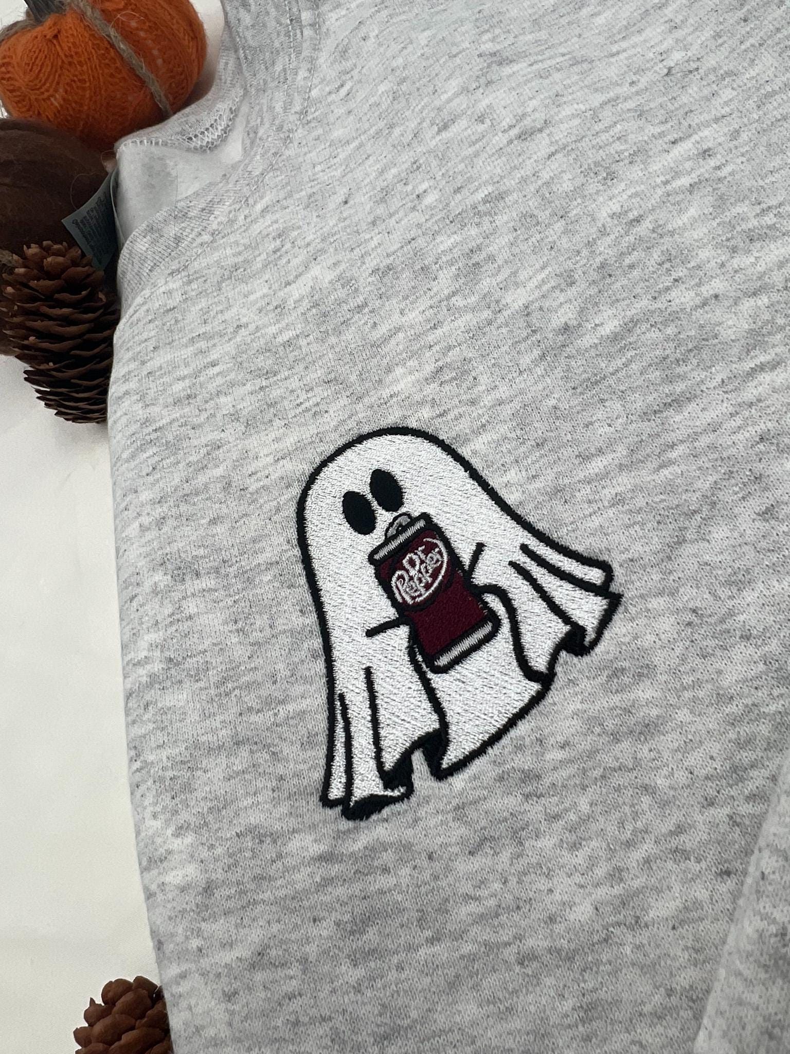 Dr Pepper Ghost Embroidered Sweatshirt – Mini Halloween Ghost with Soda Detail