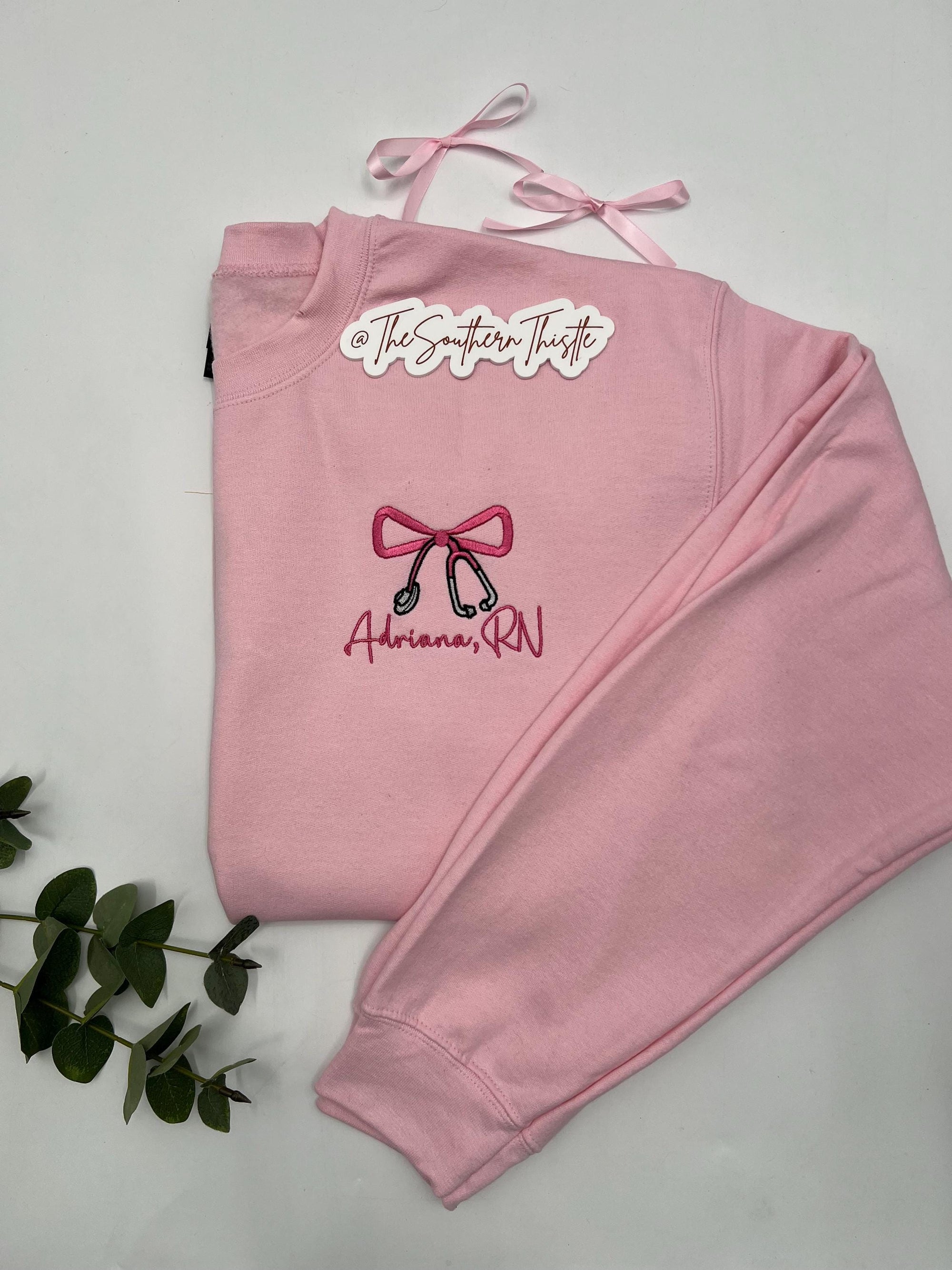 Custom Nurse Bow Embroidered Sweatshirt – Personalized RN Crewneck