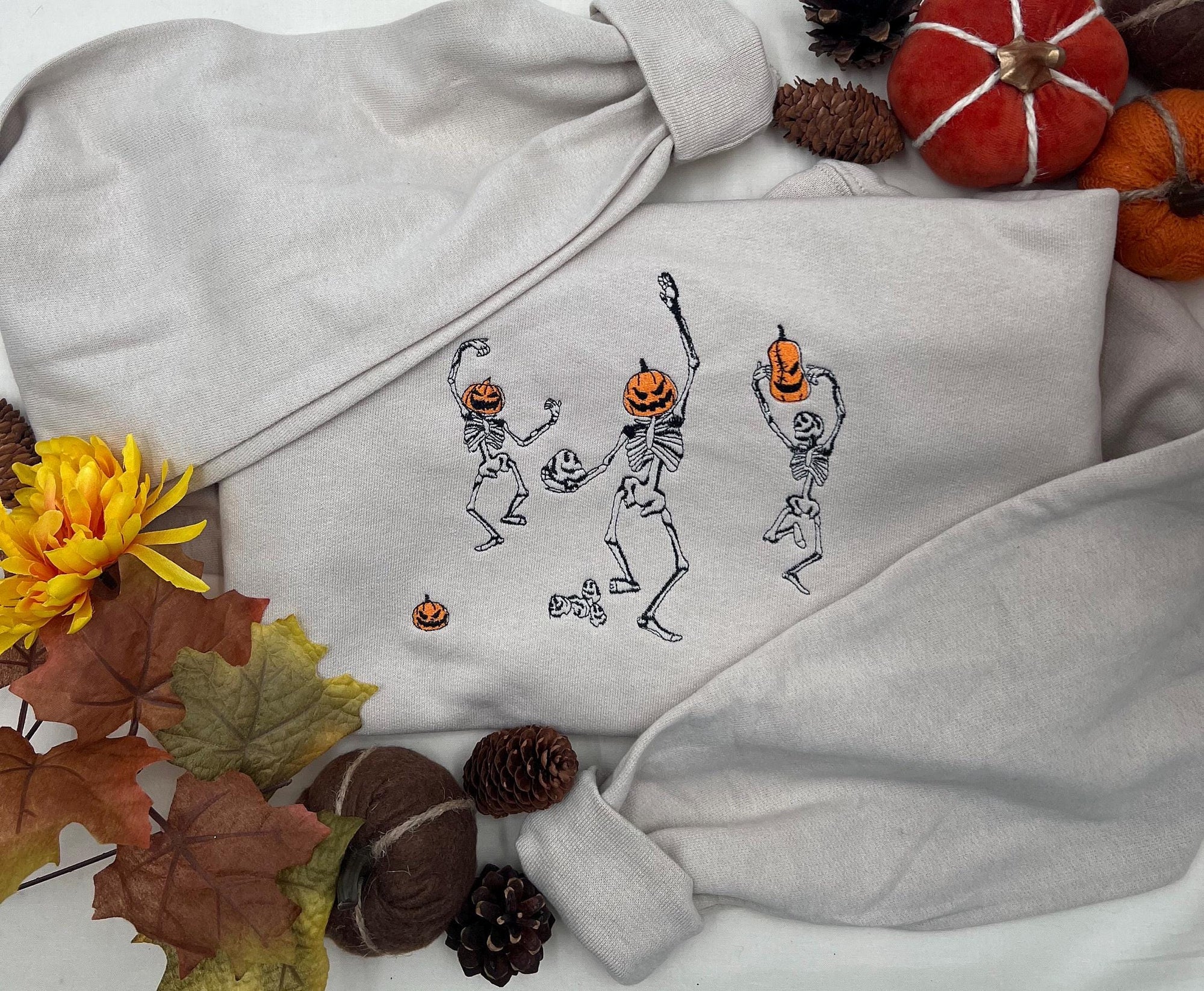Dancing Skeletons Embroidered Sweatshirt – Halloween Pullover with Pumpkin Heads