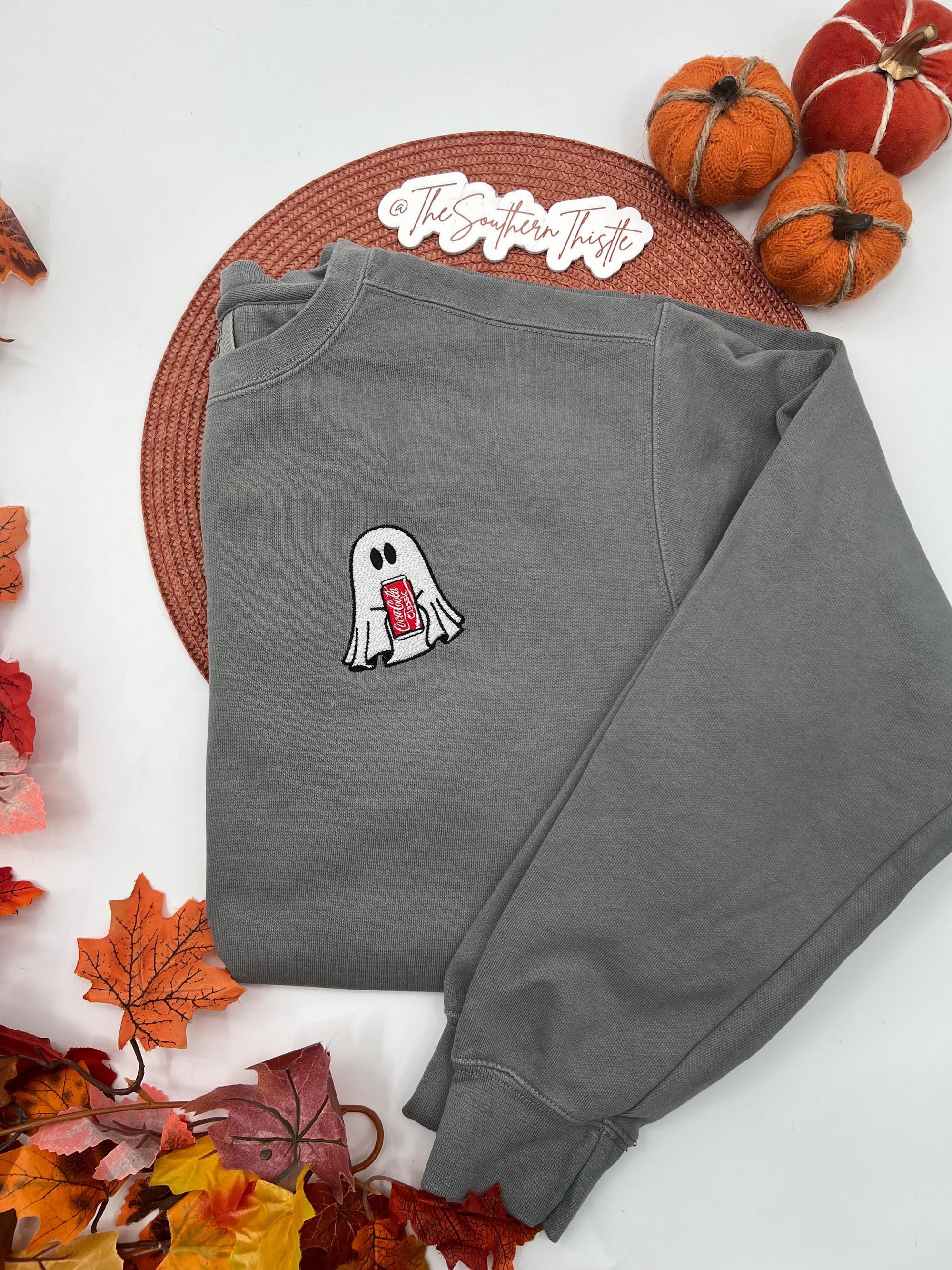 Ghost with Classic Soda Embroidered Sweatshirt – Cute Halloween Pullover