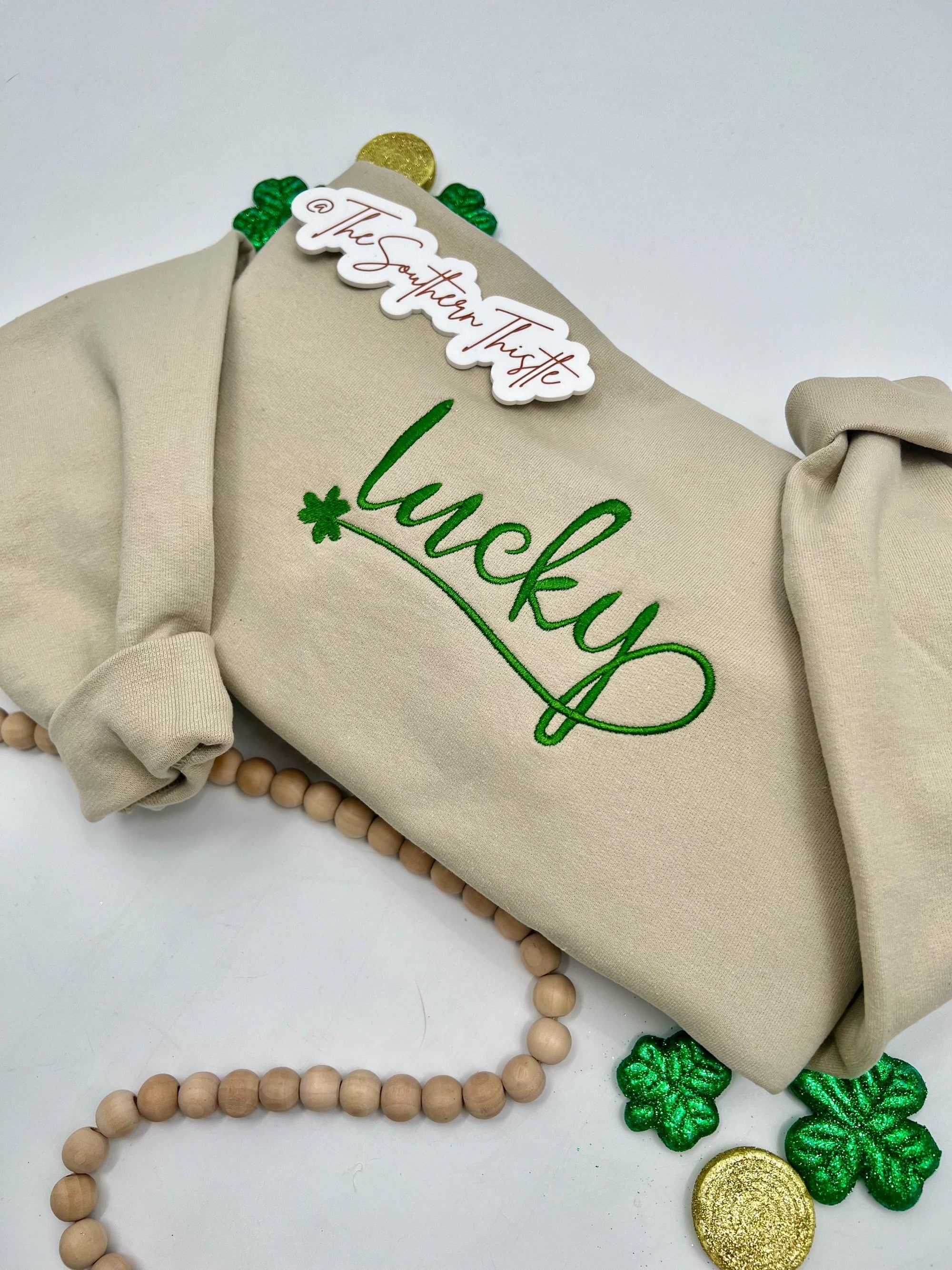 Lucky Script Embroidered Sweatshirt – Simple St. Patrick’s Day Crewneck