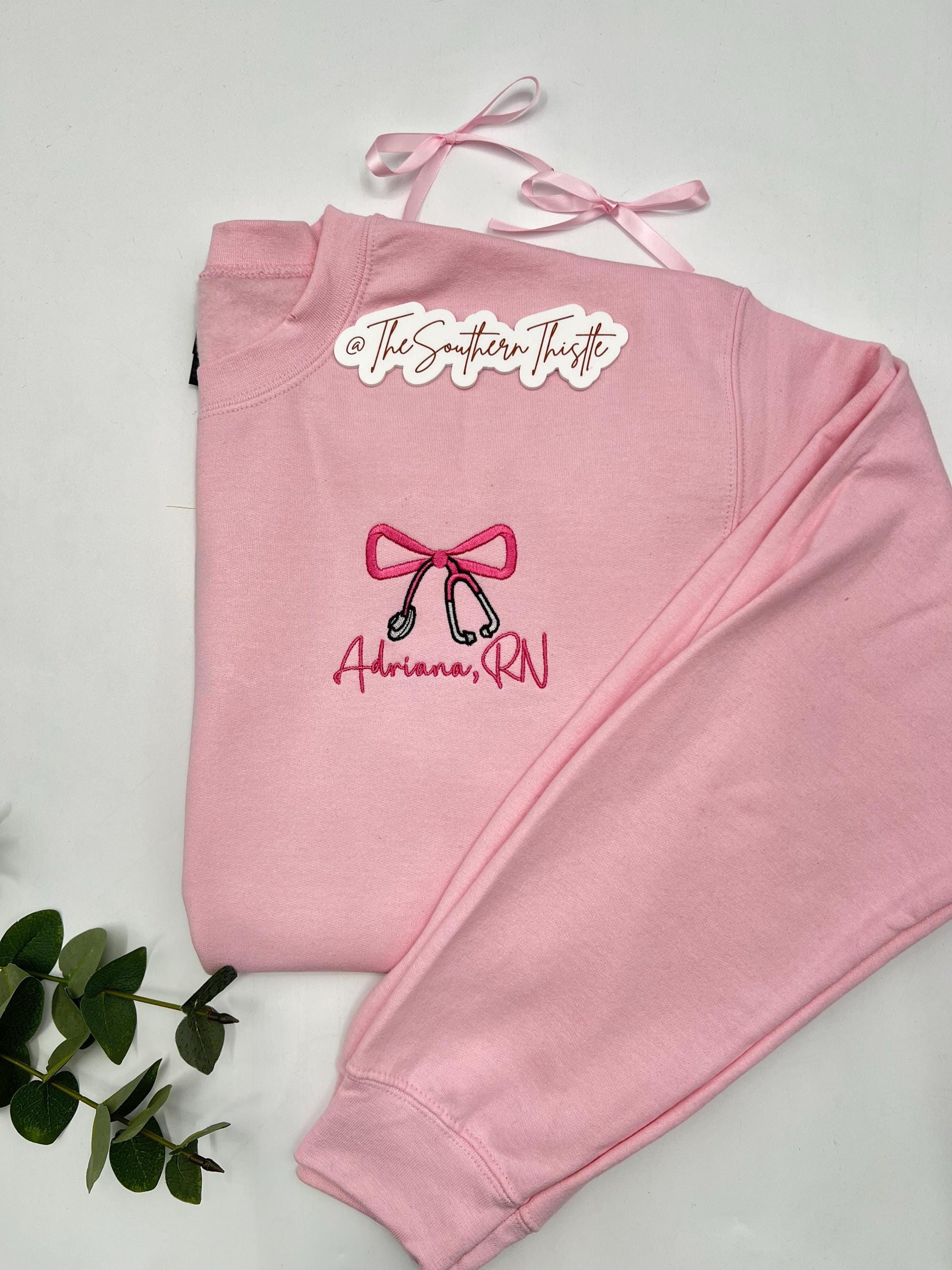 Custom Nurse Bow Embroidered Sweatshirt – Personalized RN Crewneck
