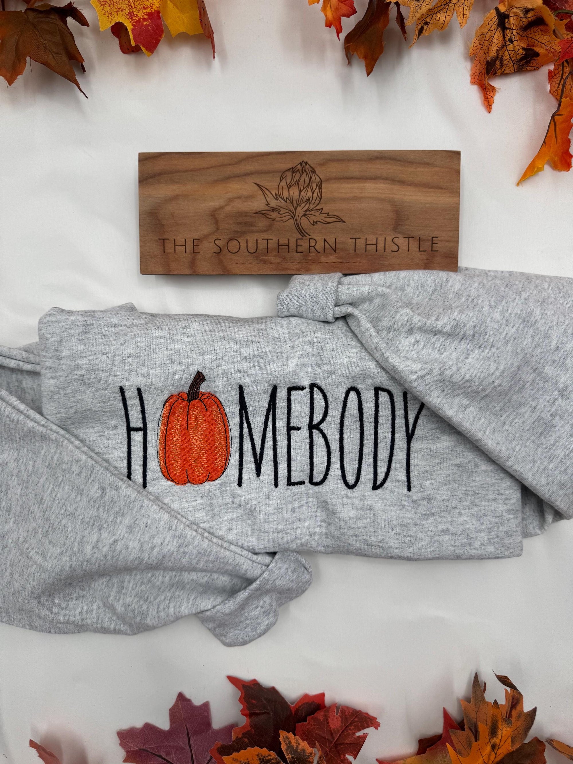 Homebody Pumpkin Embroidered Crewneck - Autumn Style Sweatshirt - Homebody Pumpkin Crewneck - Cozy Fall Apparel - Spooky Season Style