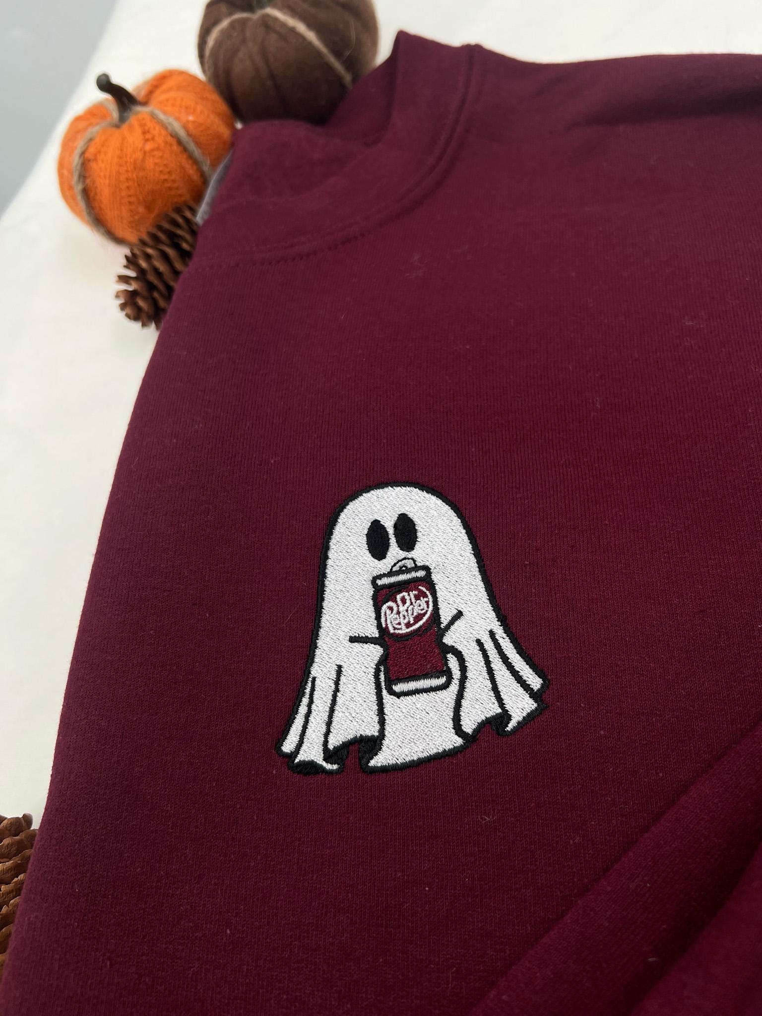 Dr Pepper Ghost Embroidered Sweatshirt – Mini Halloween Ghost with Soda Detail