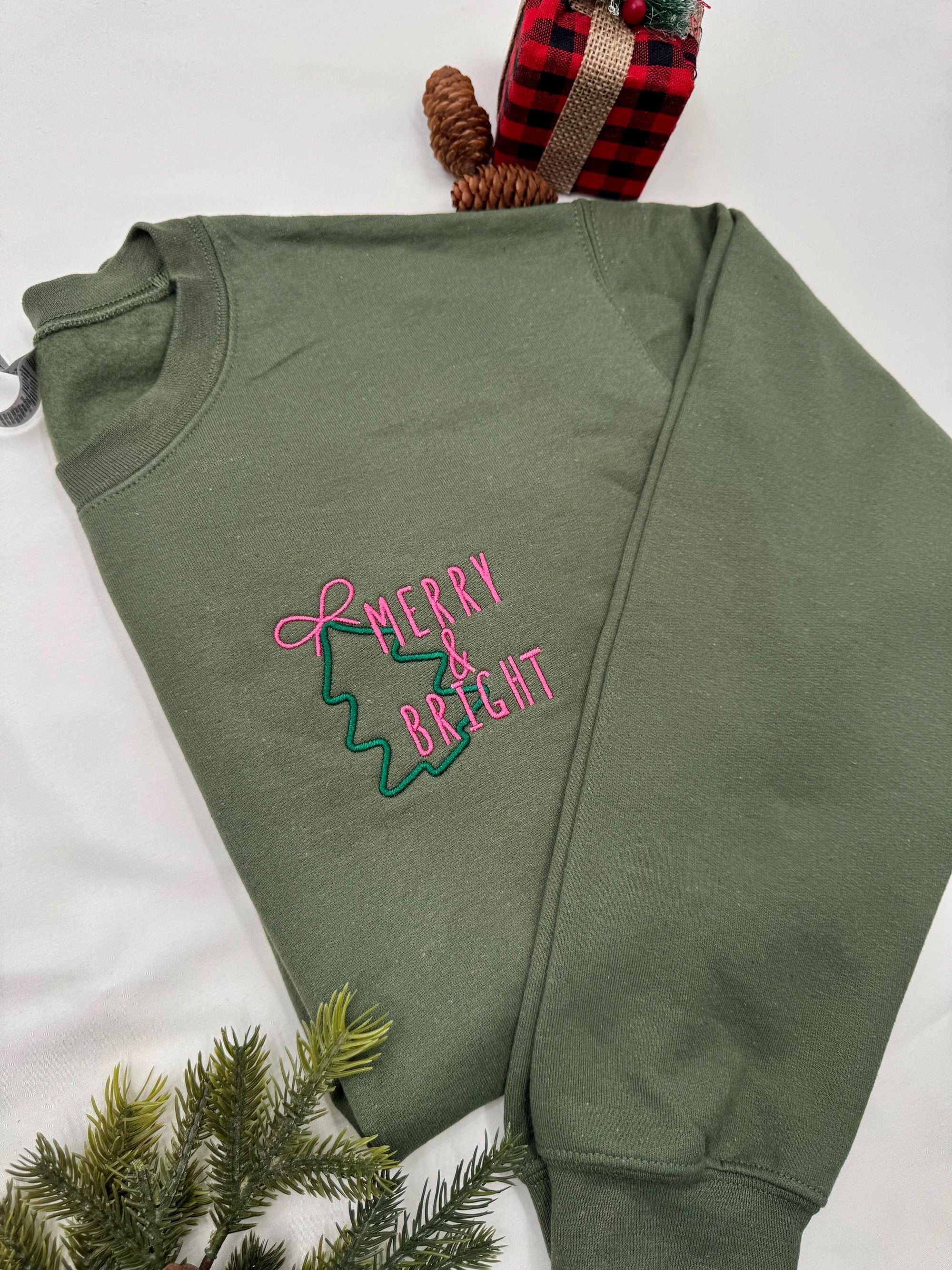 Embroidered Merry & Bright Christmas Sweatshirt – Cozy Holiday Crewneck