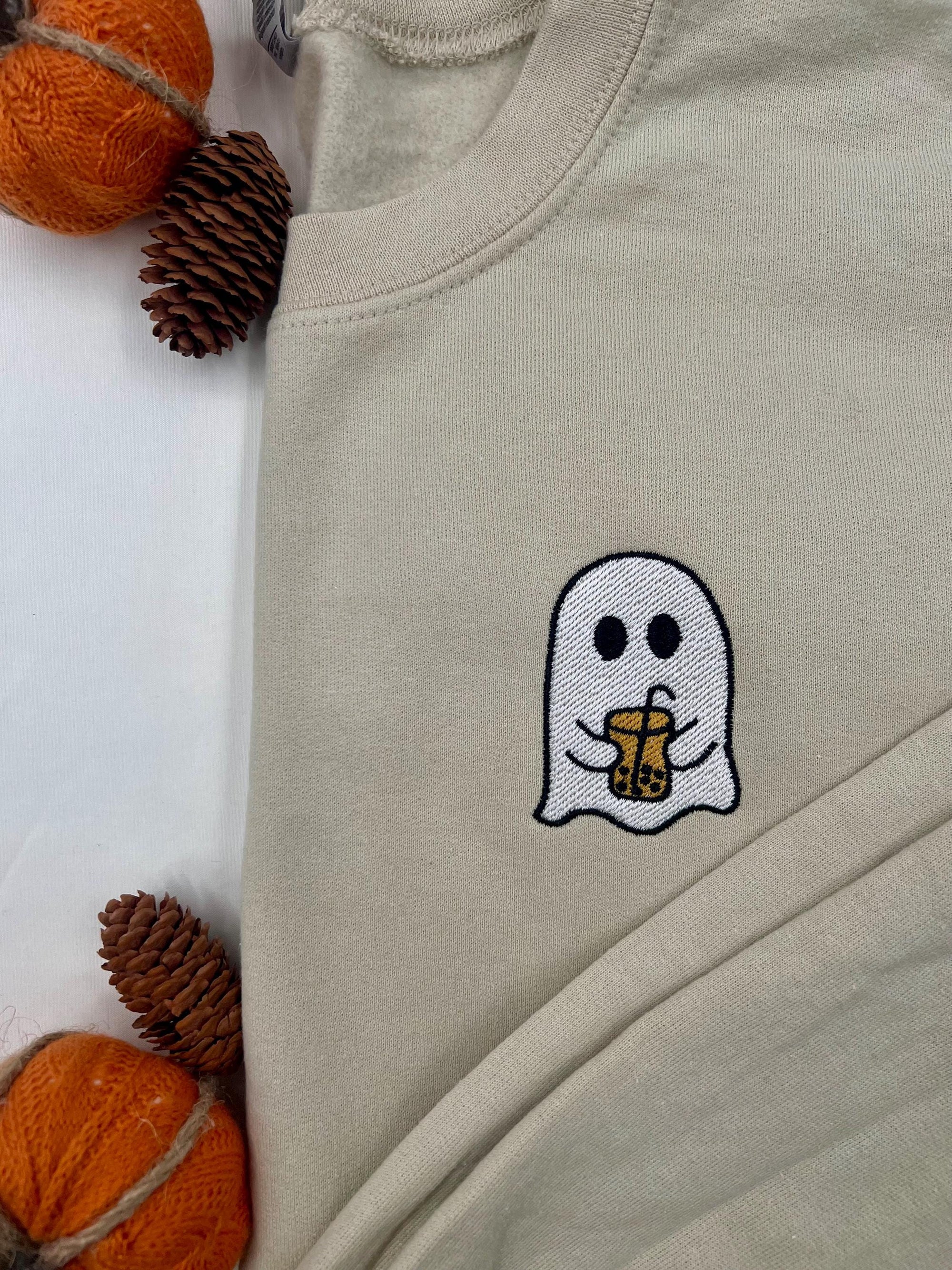 Boba Ghost Embroidered Sweatshirt – Cute Halloween Bubble Tea Pullover