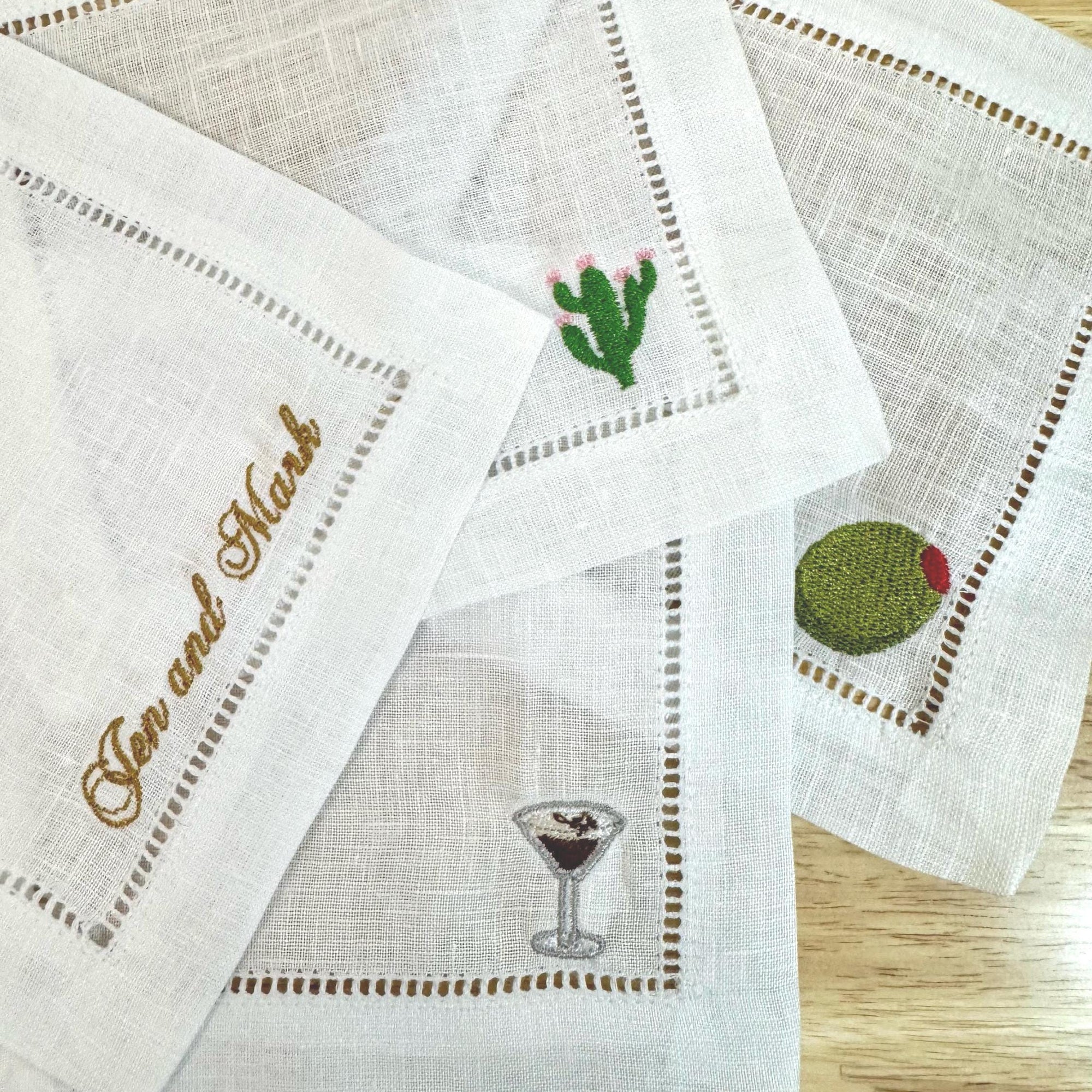 Embroidered Cocktail Napkins – Personalized Linen Napkins with Custom Icon Embroidery for Weddings & Hostess Gifts