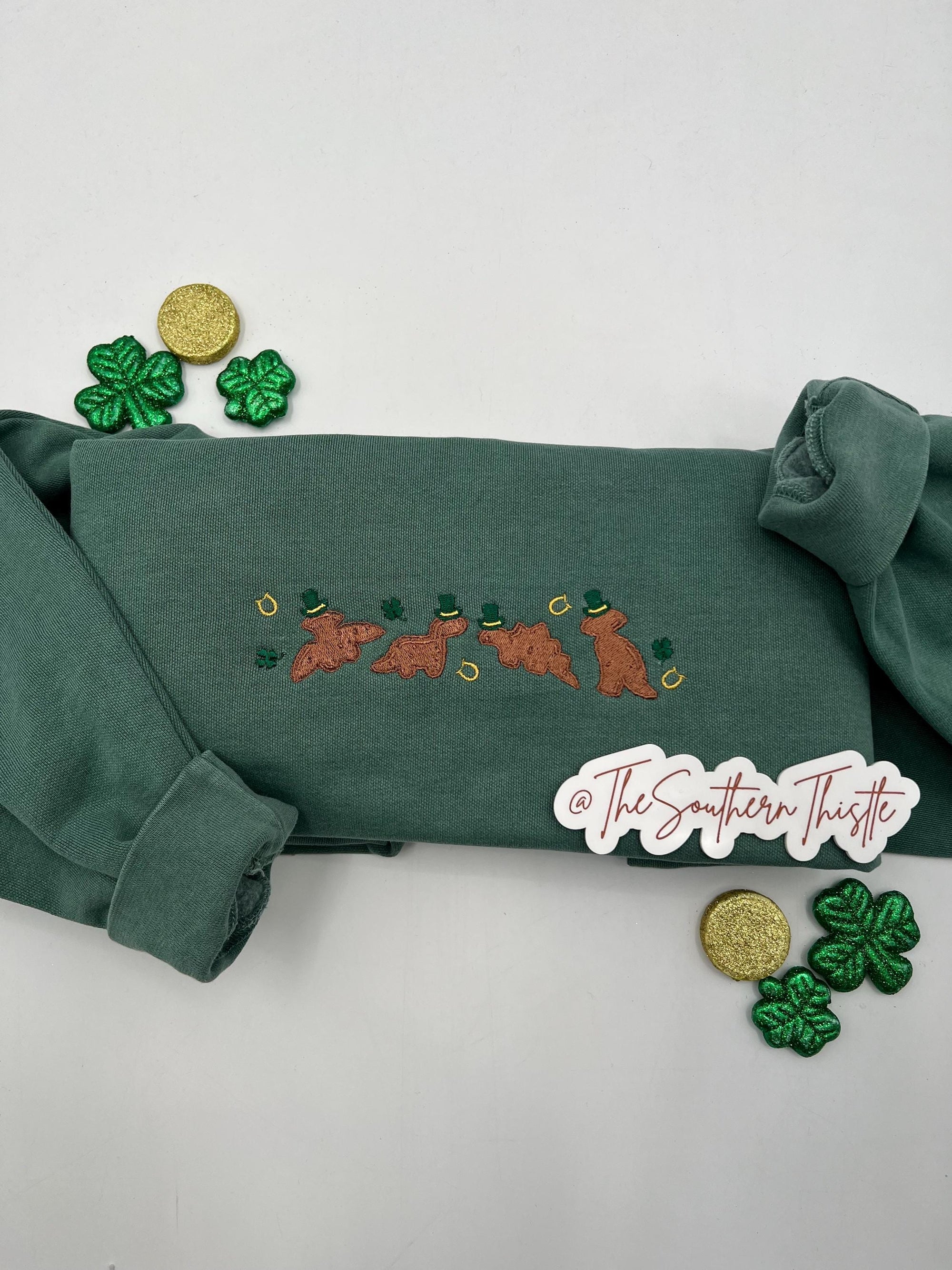 St. Patrick’s Day Lucky Dino Nuggets Embroidered Sweatshirt – Fun Festive Crewneck