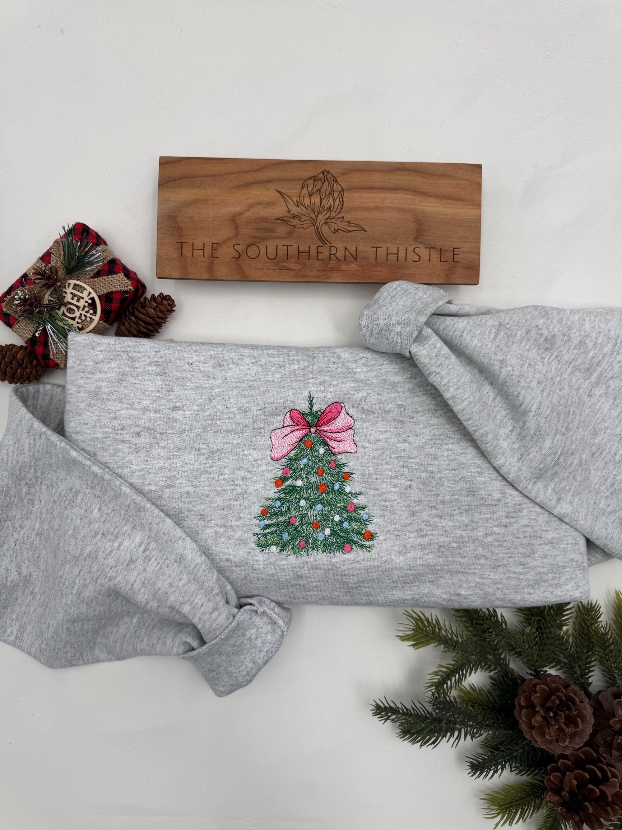 Embroidered Christmas Tree Sweatshirt - Cozy Crewneck for Festive Winter Comfort