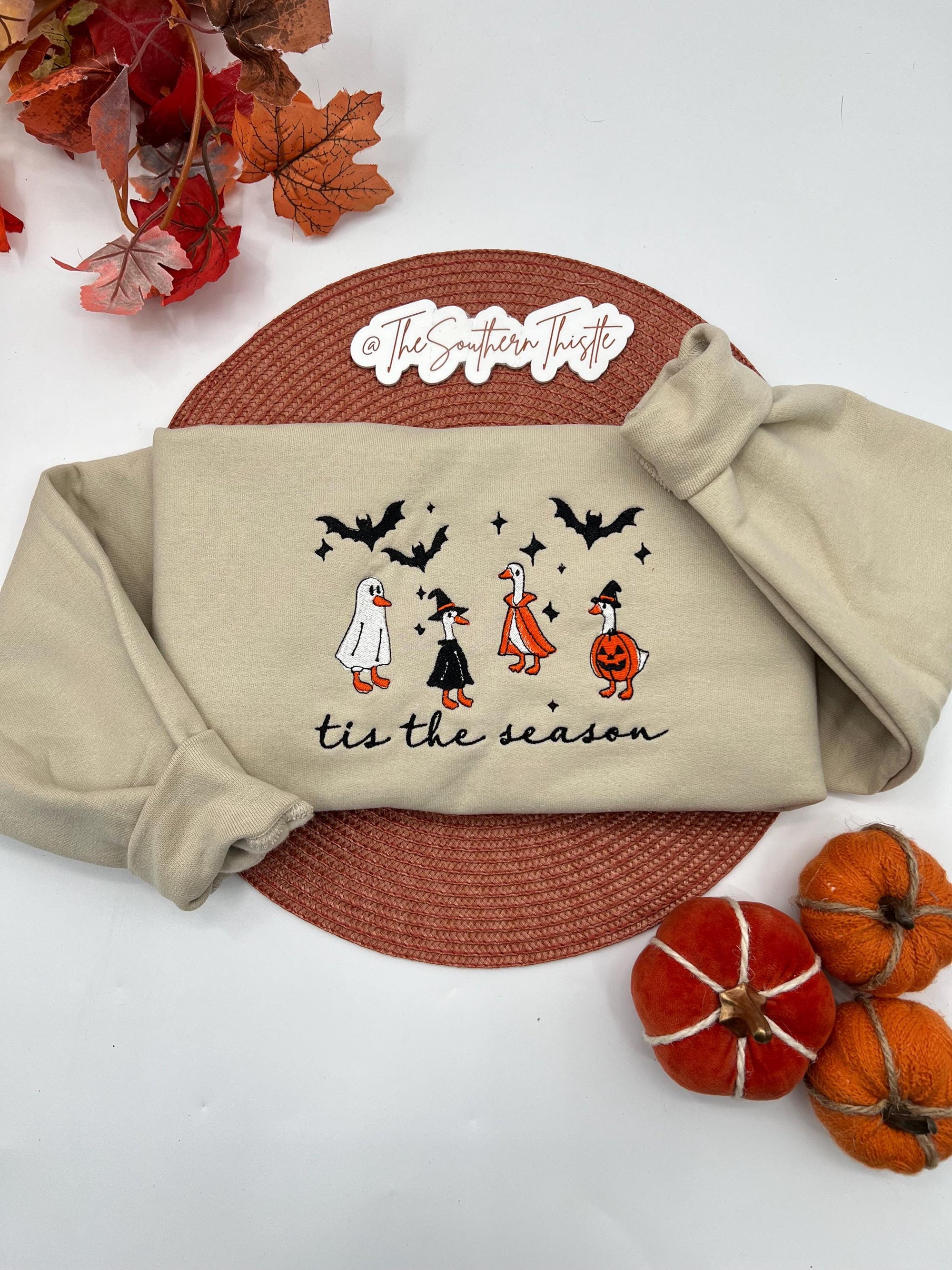 ’Tis the Season Goose Embroidered Sweatshirt – Cute Halloween Pullover with Witches and Pumpkins
