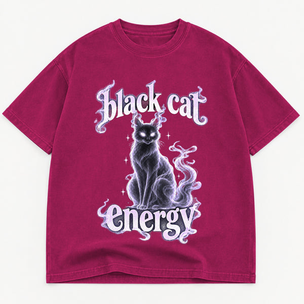 Black Cat Energy graphic tee for women in Black, oversized garment-dyed shirt by The Southern Thistle