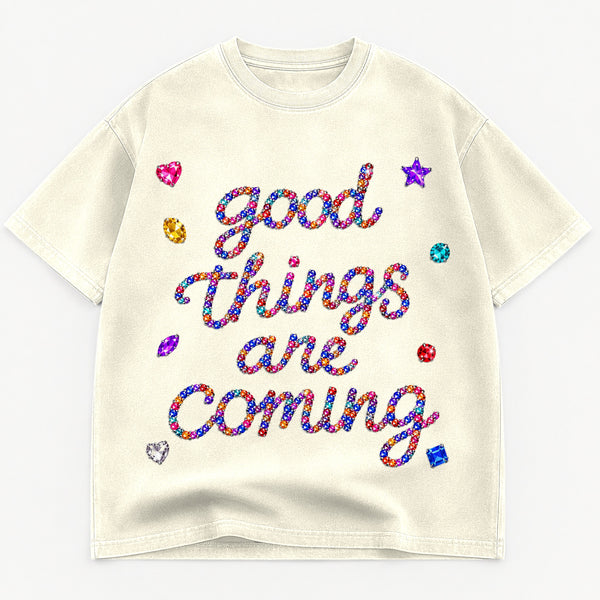 Good Things Are Coming graphic tee for women in Black, oversized garment-dyed shirt by The Southern Thistle