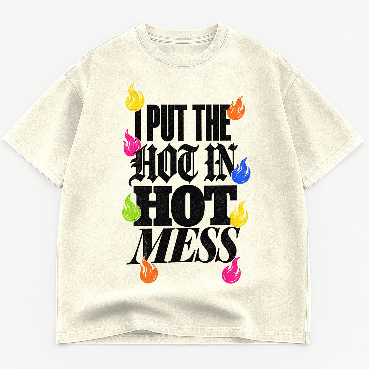 I Put the Hot in Hot Mess graphic tee for women in Cement, oversized garment-dyed shirt by The Southern Thistle