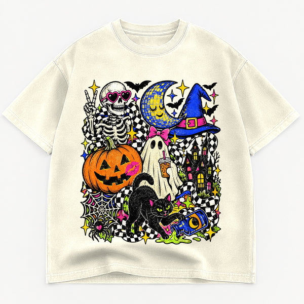 Retro Halloween Collage Skeleton Ghost graphic tee for women in Cream, oversized garment-dyed shirt by The Southern Thistle