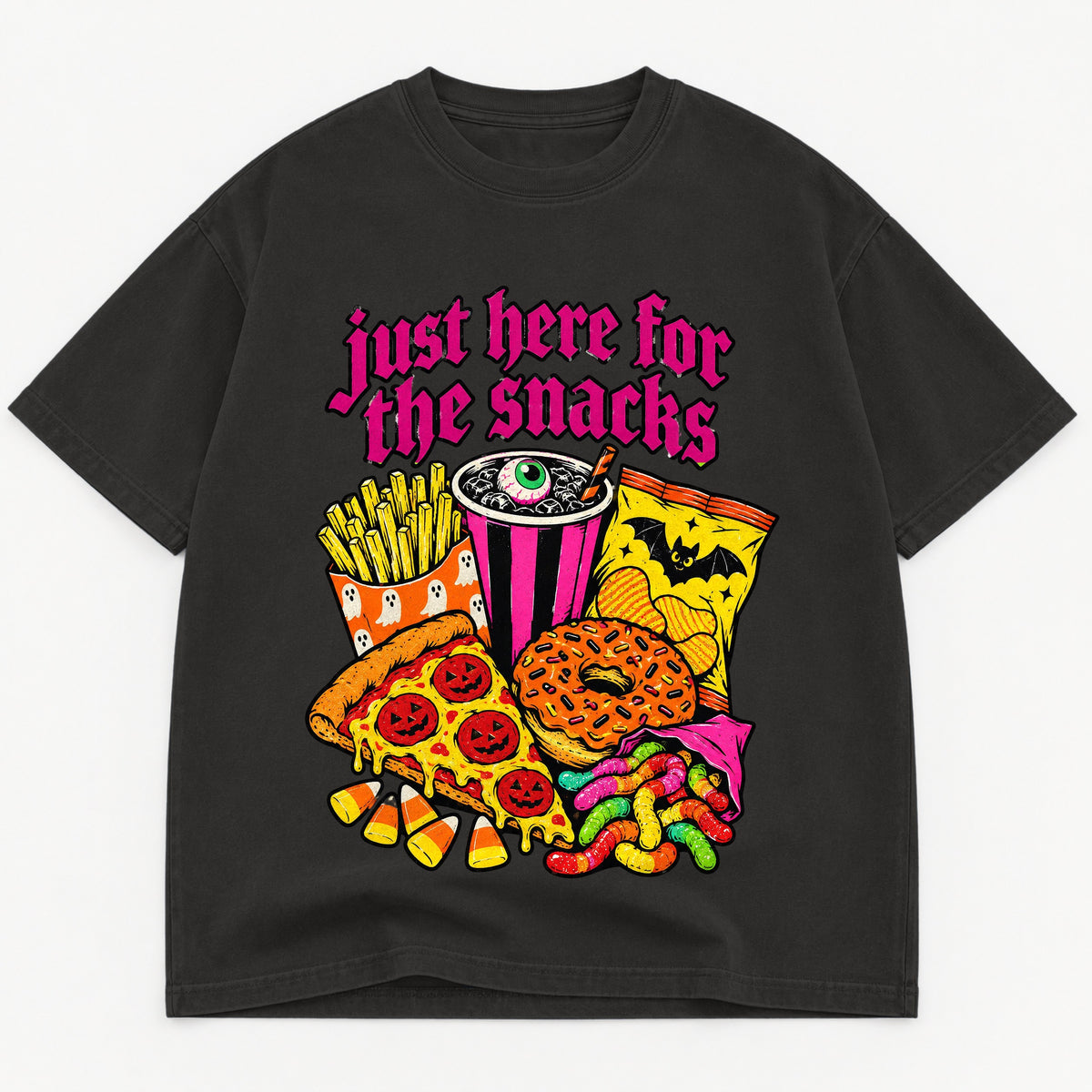 Just Here for the Snacks graphic tee for women in Black, oversized garment-dyed shirt by The Southern Thistle
