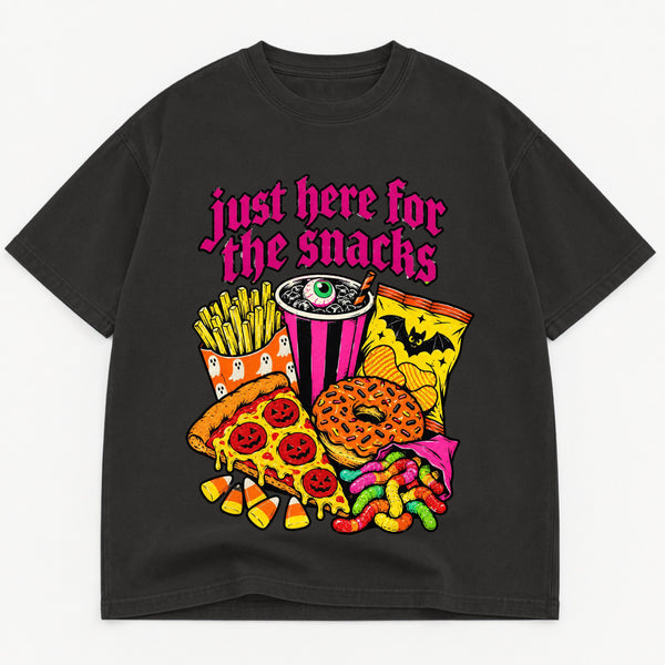 Just Here for the Snacks graphic tee for women in Black, oversized garment-dyed shirt by The Southern Thistle