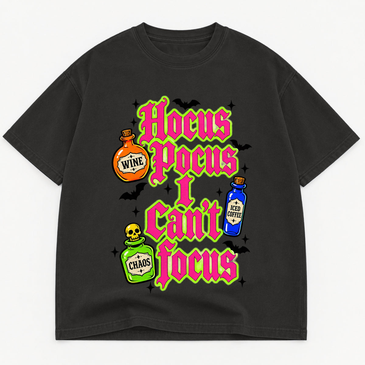 Hocus Pocus I Cant Focus graphic tee for women in Black, oversized garment-dyed shirt by The Southern Thistle
