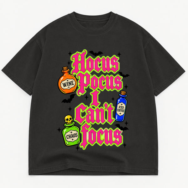 Hocus Pocus I Cant Focus graphic tee for women in Black, oversized garment-dyed shirt by The Southern Thistle