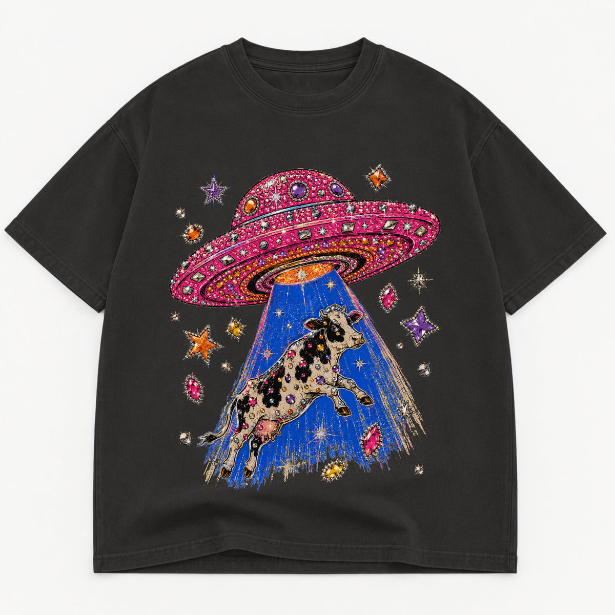 UFO Cow Abduction graphic tee for women in Black, oversized garment-dyed shirt by The Southern Thistle