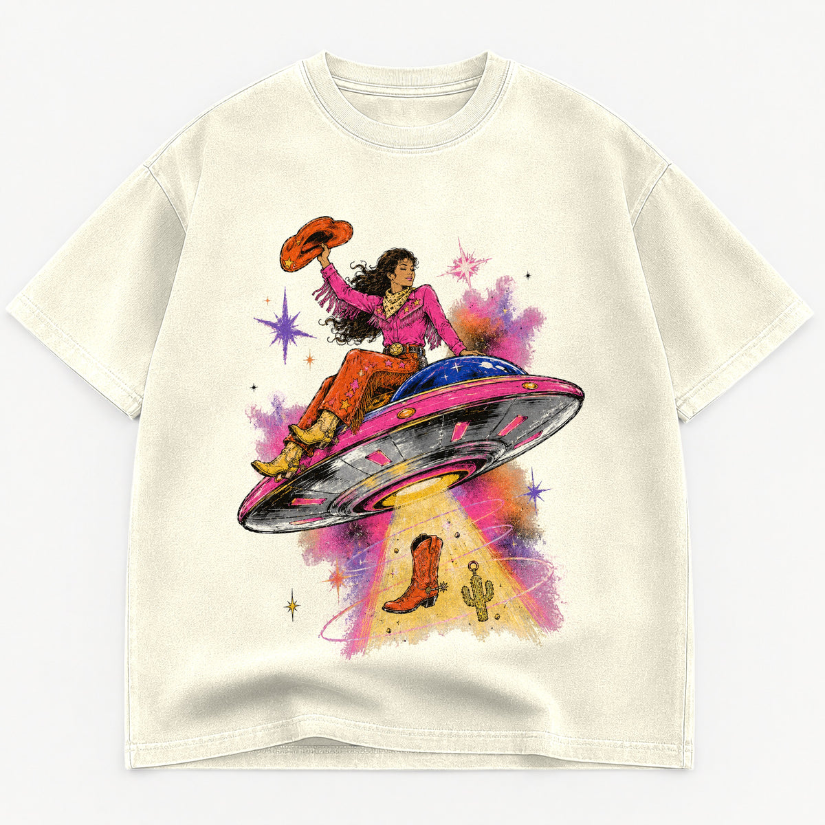 Space Cowgirl UFO Rodeo graphic tee for women in Black, oversized garment-dyed shirt by The Southern Thistle