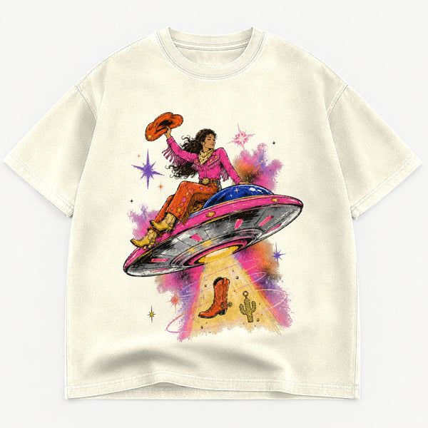 Space Cowgirl UFO Rodeo graphic tee for women in Black, oversized garment-dyed shirt by The Southern Thistle