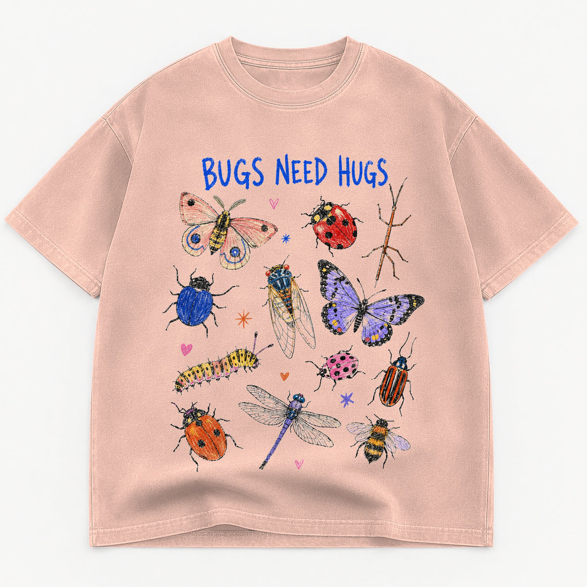 Bugs Need Hugs graphic tee for women in Cream, oversized garment-dyed shirt by The Southern Thistle