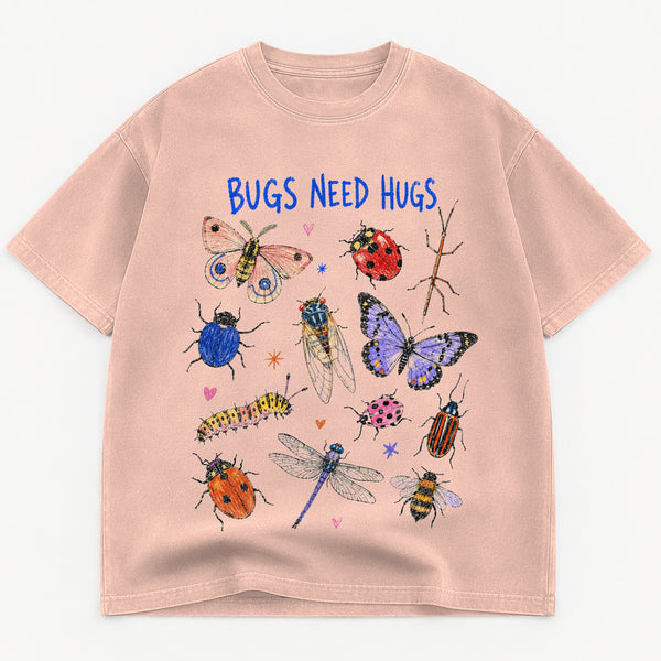 Bugs Need Hugs graphic tee for women in Cream, oversized garment-dyed shirt by The Southern Thistle