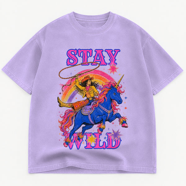 Stay Wild Cowgirl graphic tee for women in Cream, oversized garment-dyed shirt by The Southern Thistle