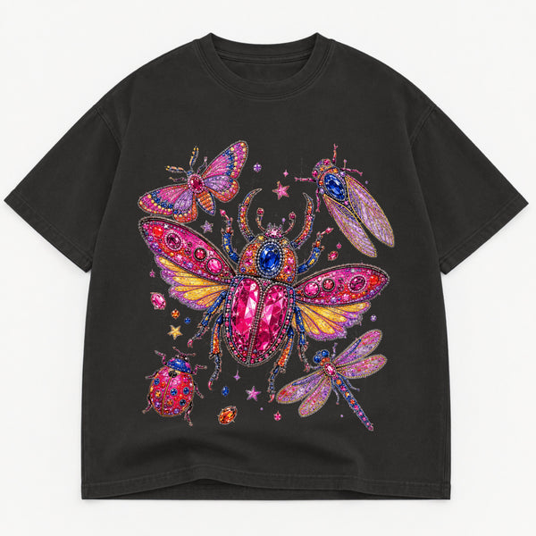 Jeweled Bugs graphic tee for women in Black, oversized garment-dyed shirt by The Southern Thistle