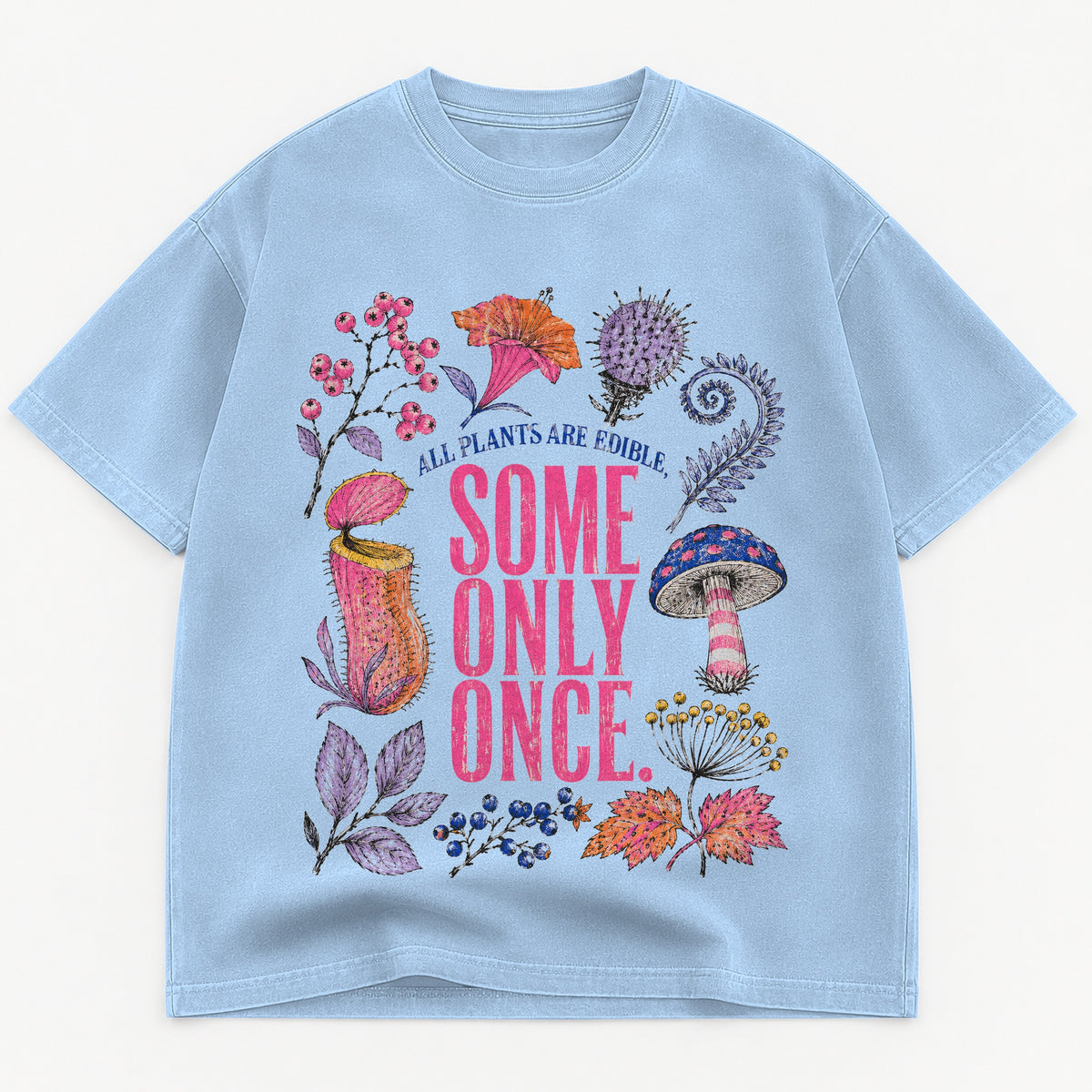 All Plants Are Edible Some Only Once graphic tee for women in Cream, oversized garment-dyed shirt by The Southern Thistle