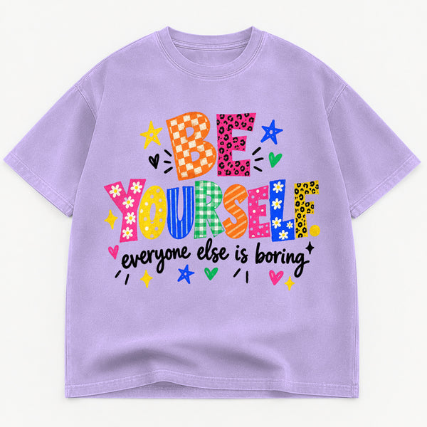 Be Yourself Everyone Else Is Boring graphic tee for women in Cement, oversized garment-dyed shirt by The Southern Thistle