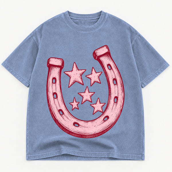 Pink Horseshoe graphic tee for women in Cream, oversized garment-dyed shirt by The Southern Thistle