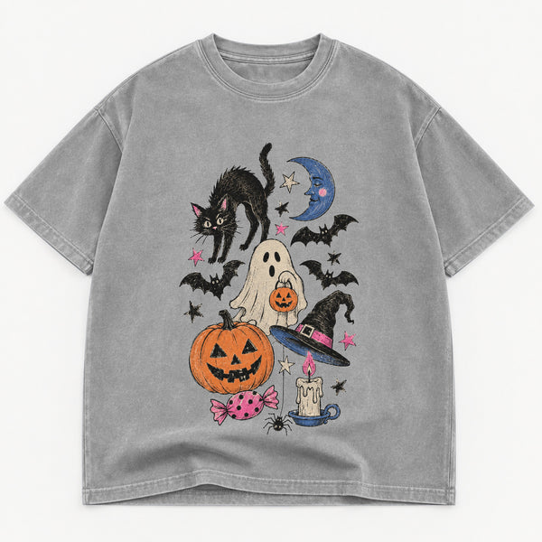 Vintage Halloween Black Cat Pumpkin Ghost graphic tee for women in Cement, oversized garment-dyed shirt by The Southern Thistle