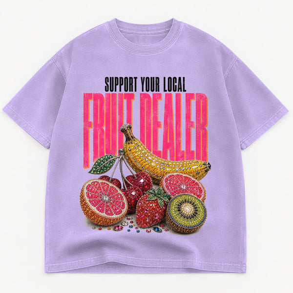 Support Your Local Fruit Dealer graphic tee for women in Cream, oversized garment-dyed shirt by The Southern Thistle