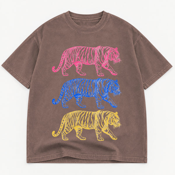Three Tigers graphic tee for women in Cement, oversized garment-dyed shirt by The Southern Thistle