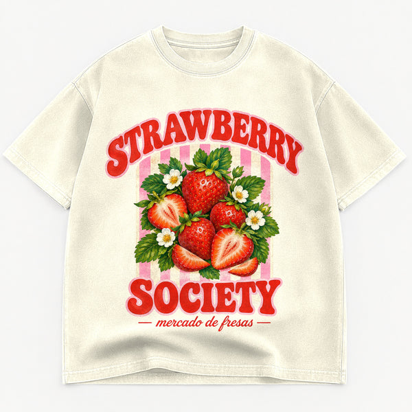 Strawberry Society graphic tee for women in Cream, oversized garment-dyed shirt by The Southern Thistle