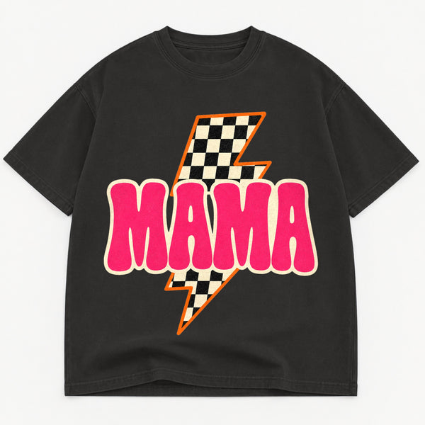 Mama Lightning Bolt retro checkered graphic tee for women in Black, oversized garment-dyed shirt by The Southern Thistle