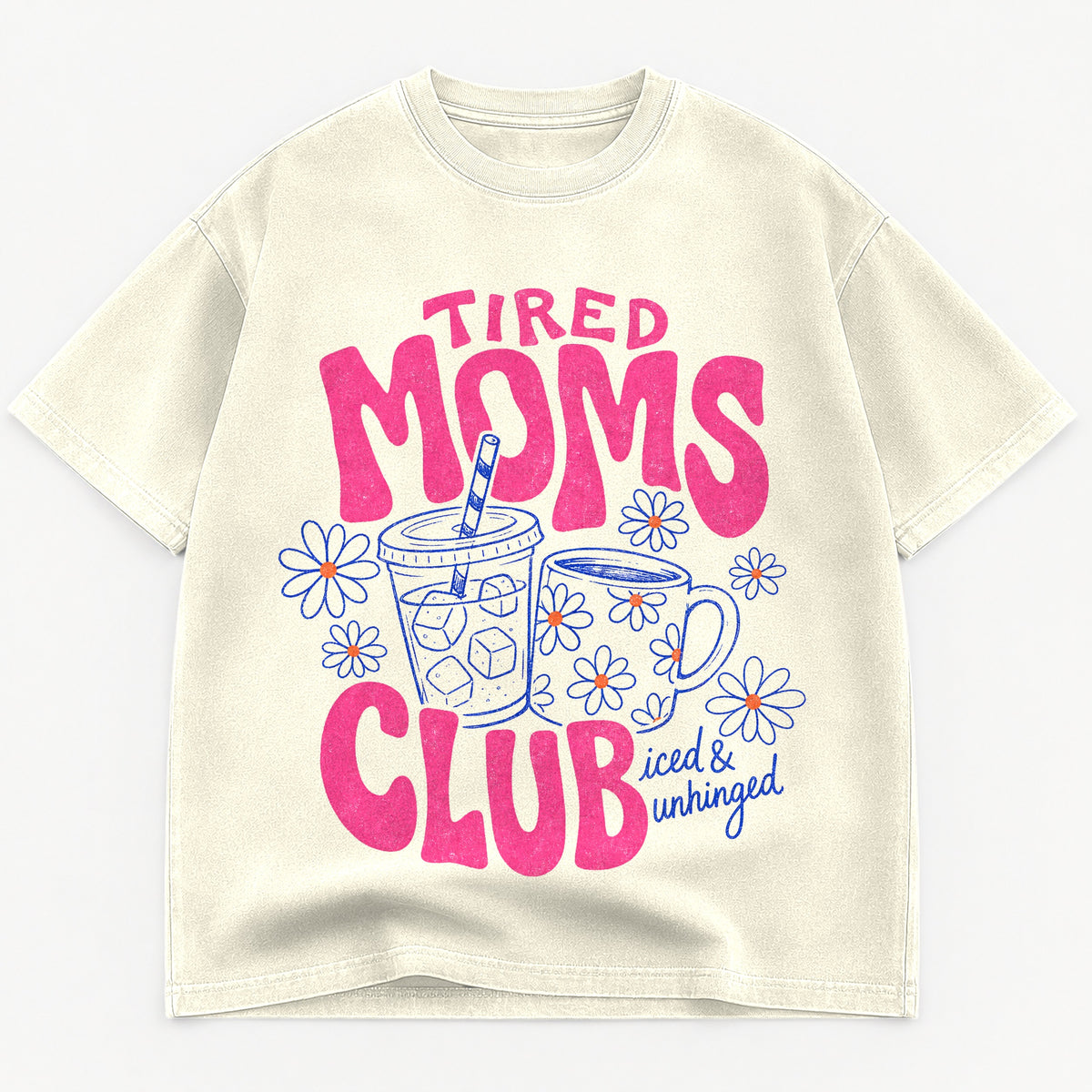 Tired Moms Club graphic tee for women in Cream, oversized garment-dyed shirt by The Southern Thistle